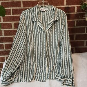 Vintage Leslie Fay Green and White Striped Blouse
